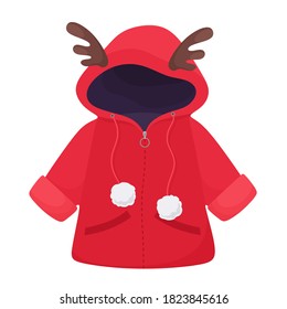 Chaqueta de invierno para los niños con venados y pompas. Ilustración vectorial en estilo plano.