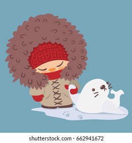 Cute Winter Kid with White Harp Seal Pup