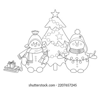 Cute winter kids coloring book with snowman with Christmas tree. Black and white cartoon vector illustration with simple shapes and editable stroke.