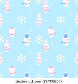 Cute Winter kids seamless pattern graphic design with kawaii animal character and snowflake on blue background bears and bunny in heat xmas wallpaper 