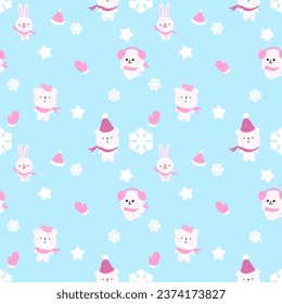 Cute Winter niños diseño gráfico de patrones sin fisuras con carácter animal kawaii y copo de nieve sobre osos de fondo azul y conejito con papel tapiz de Navidad rojo 