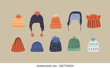 Cute winter knit hats and caps. Hand drawn vector colorful funny cartoon style illustration.