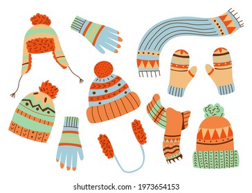 Cute winter knit hats and caps. Hand drawn vector colorful cartoon style illustration. 