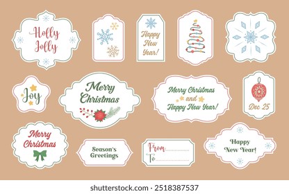 Cute winter labels with season greetings and wishes like merry Christmas and Happy new year. Christmas tags sheet printable. Vintage cut shapes for greeting labels, gift tags, Xmas cards or stickers.