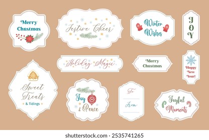 Cute winter labels with season greetings and wishes like merry Christmas and Happy new year. Christmas tags sheet printable. Vintage cut shapes for greeting labels, gift tags, Xmas cards or stickers.