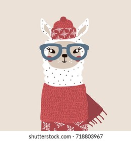 Cute winter lama in scarf and hat. Holiday and christmas illustration. It can be used for greeting card, posters, apparel