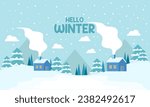 Cute winter landscape. Winter banner. Lovely houses in a snowy valley. Horizontal landscape. Winter Cabin Illustration
