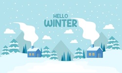 Cute Winter Landscape. Winter Banner. Lovely Houses In A Snowy Valley. Horizontal Landscape. Winter Cabin Illustration