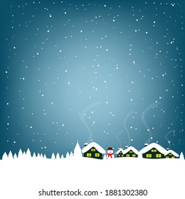 Cute winter landscape. Winter banner. Lovely houses in a snowy valley. Christmas background with sky, heavy snowfall, snowflakes in different shapes and forms, snowdrifts. 