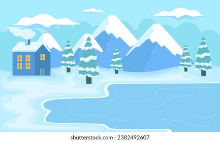 Cute winter landscape. Winter banner. Lovely houses in a snowy valley. Horizontal landscape. Winter Cabin Illustration