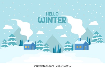 Cute winter landscape. Winter banner. Lovely houses in a snowy valley. Horizontal landscape. Winter Cabin Illustration