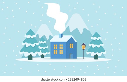 Die Winterlandschaft ist ruhig. Winterbanner. Schöne Häuser in einem schneebedeckten Tal. Horizontale Landschaft. Winterhütte-Illustration