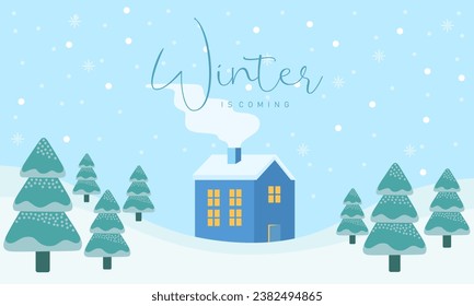 Cute winter landscape. Winter banner. Lovely houses in a snowy valley. Horizontal landscape. Winter Cabin Illustration