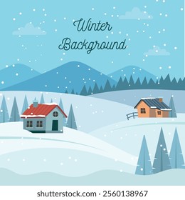 Cute winter landscape. Winter banner. Lovely houses in a snowy valley. Horizontal landscape. Winter Cabin Illustration