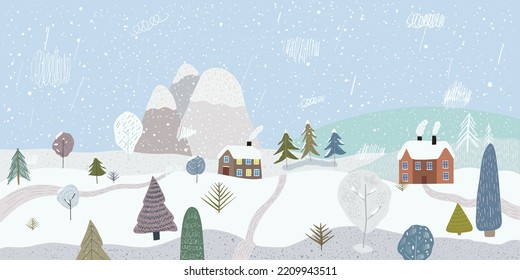 Cute winter landscape. Winter banner. Vector illustration of nature, city, houses, people, trees and mountains in the New Year and Christmas holidays.