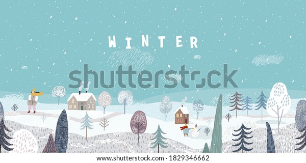 Cute winter\
landscape. Winter banner. Winter walk. Lovely houses in a snowy\
valley. Horizontal seamless\
landscape.