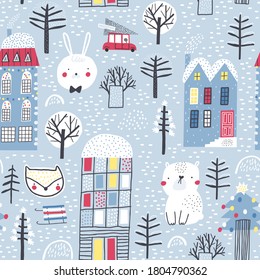 Cute winter landscape with the image of buildings, trees and animals. Creative kids city texture for fabric, wrapping, textile, wallpaper, apparel. Childish vector illustration. Seamless pattern.