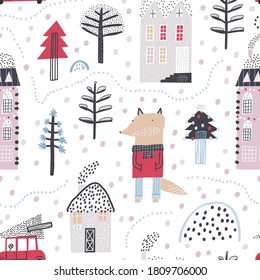 Cute winter landscape with the image of buildings, trees and cute fox. Creative kids city texture for fabric, wrapping, textile, wallpaper, apparel. Childish vector illustration. Seamless pattern.