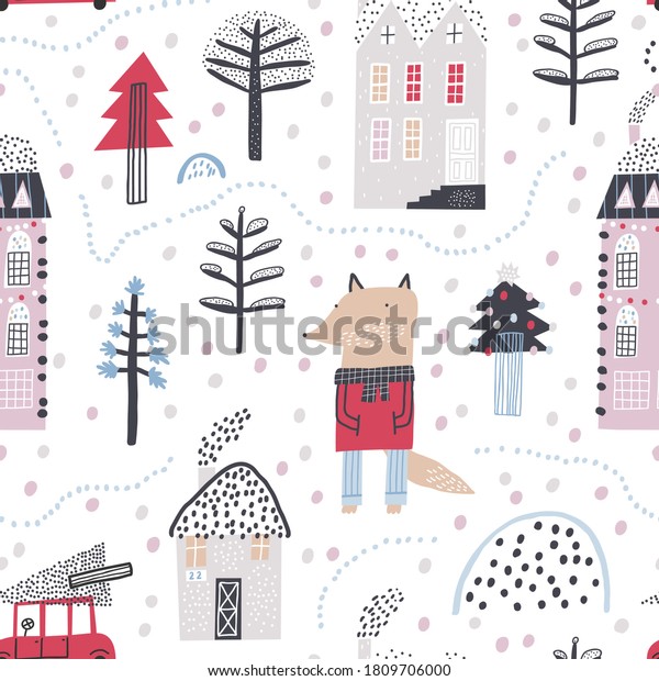Cute winter landscape with the image of\
buildings, trees and cute fox. Creative kids city texture for\
fabric, wrapping, textile, wallpaper, apparel. Childish vector\
illustration. Seamless\
pattern.