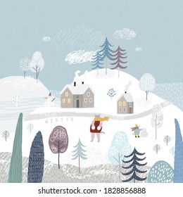 Cute winter landscape. Winter poster. Large snow-covered hills. Lovely houses in the winter forest. Walk in the woods.