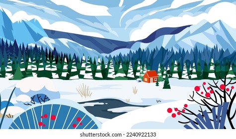 Cute winter landscape with red forest cabin cottage. Winter banner. Lovely houses in a snowy valley. Horizontal winter forest scenic background flat illustration