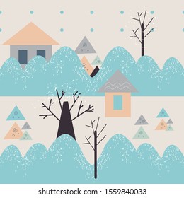 Cute winter landscape in scandinavian style. Snowy scenery with little houses and trees. Seamless pattern - Vector