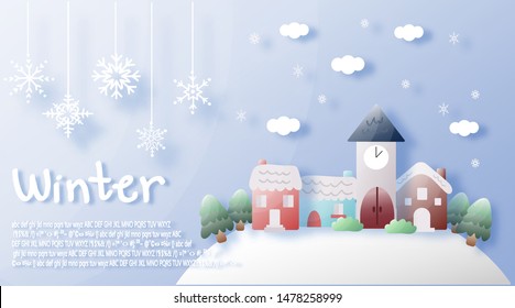 Cute winter landscape. Snowy street. Christmas card Happy Holidays banner. Vector illustration flat design.