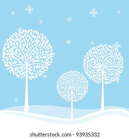 cute winter landscape with tree and snowflakes. vector illustration