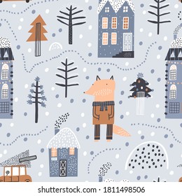 Cute winter landscape, trees and cute fox. Creative kids city texture for fabric, wrapping, textile, wallpaper, apparel. Childish vector illustration. Seamless pattern.