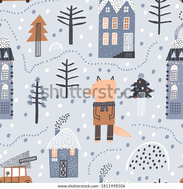 Cute winter landscape,
trees and cute fox. Creative kids city texture for fabric,
wrapping, textile, wallpaper, apparel. Childish vector
illustration. Seamless
pattern.