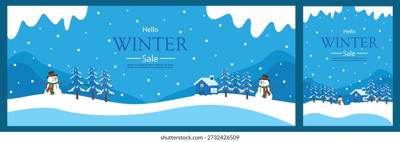 Cute winter landscape vector banner with snowman, cozy house, pine forest, falling snow and blue hills. Modern flat design for winter sale, holiday promotion, greeting cards, posters, and backgrounds.