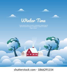 Cute Winter landscape vector illustration with village in cloud land and Red house, perfect for winter and year-end holiday background concept