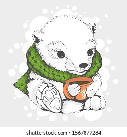 Cute winter little polar bear in a knitted scarf with a cup of cocoa. Made in a limited color palette, technique graphics. For postcards or prints on clothing