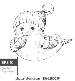 Cute winter little seal in knitted hat and gloves. Made in black and white in the technique of graphics. For postcards or prints on clothing