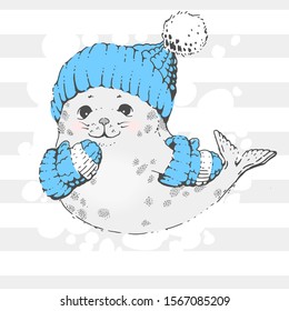 Cute winter little seal in knitted hat and gloves. Made in a limited color palette, technique graphics. For postcards or prints on clothing