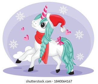 Unicornio mágico de invierno con sombrero de santa. Diseño vectorial aislado en fondo blanco.