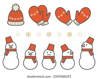 Cute winter main line illustration set of various gloves and snowmen