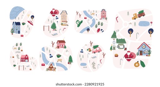 Cute winter map set, hand drawn city or town - cartoon flat vector illustration isolated on white background. Childish maps with roads, houses, trees and Christmas decorations.