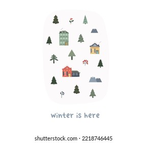 Cute winter map with tiny houses, Christmas trees. Hand drawn doodle drawing xmas childish vector illustration in flat style for kids t shirt, print card