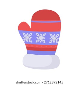 Ilustração de luva de inverno bonito com um padrão de floco de neve, manguito macio e listras decorativas. Perfeito para projetos sazonais acolhedores, adesivos de Natal, gráficos para crianças e projetos de impressão de férias.