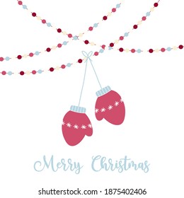 Cute Winter Mittens Hanging von String Lights Flache Vektorgrafik. Frohe Weihnachtsillustration.