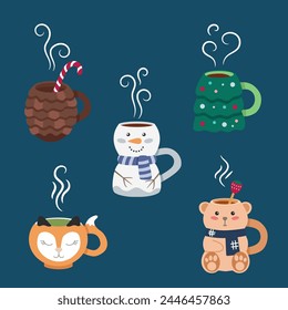 Cute winter mugs with hot drinks in the shape of snowman, fox, Christmas tree, pine cone, bear toy. Beautiful set of illustrations on blue background.