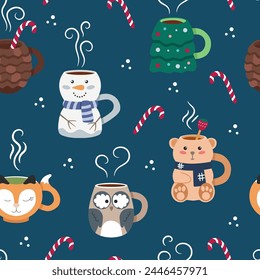 Cute winter mugs with hot drinks in the shape of snowman, fox, Christmas tree, pine cone, bear toy. Beautiful seamless pattern for printing on packaging, fabric, wrapping paper.