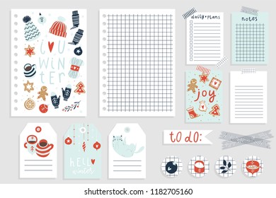 Cute winter notebook design. Daily Planner Template. Organizer and Schedule with Notes and To Do List. Vector. Isolated. Trendy Concept. 
