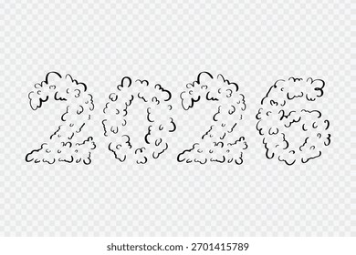 Los lindos números de invierno 2026 hechos de nieve esponjosa o nubes son perfectos para proyectos de doodle minimalistas de Año Nuevo y Navidades.