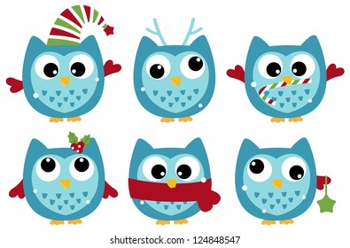 Cute winter owl collection isolated on white