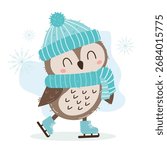 Cute winter owl in hat, scarf and skates. Funny bird character ice skating with snowflakes. Adorable seasonal illustration in flat cartoon style, isolated on white background.