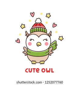 Cute winter owl in a hat and scarf on a white background. It can be used for sticker, patch, phone case, poster, t-shirt, mug and other design.