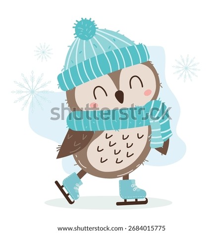 Cute winter owl in hat, scarf and skates. Funny bird character ice skating with snowflakes. Adorable seasonal illustration in flat cartoon style, isolated on white background.