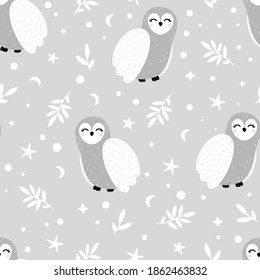 Cute winter owl seamless pattern with branches, moon, stars and abstract dots around. Hand drawn Scandinavian style vector illustration.